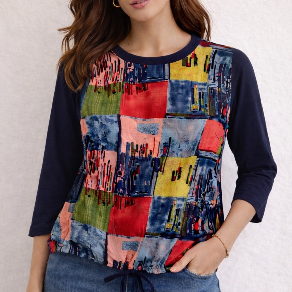 Summer Top Red and Blue Patchwork lightweight Blouse with Navy Sleeves size XL